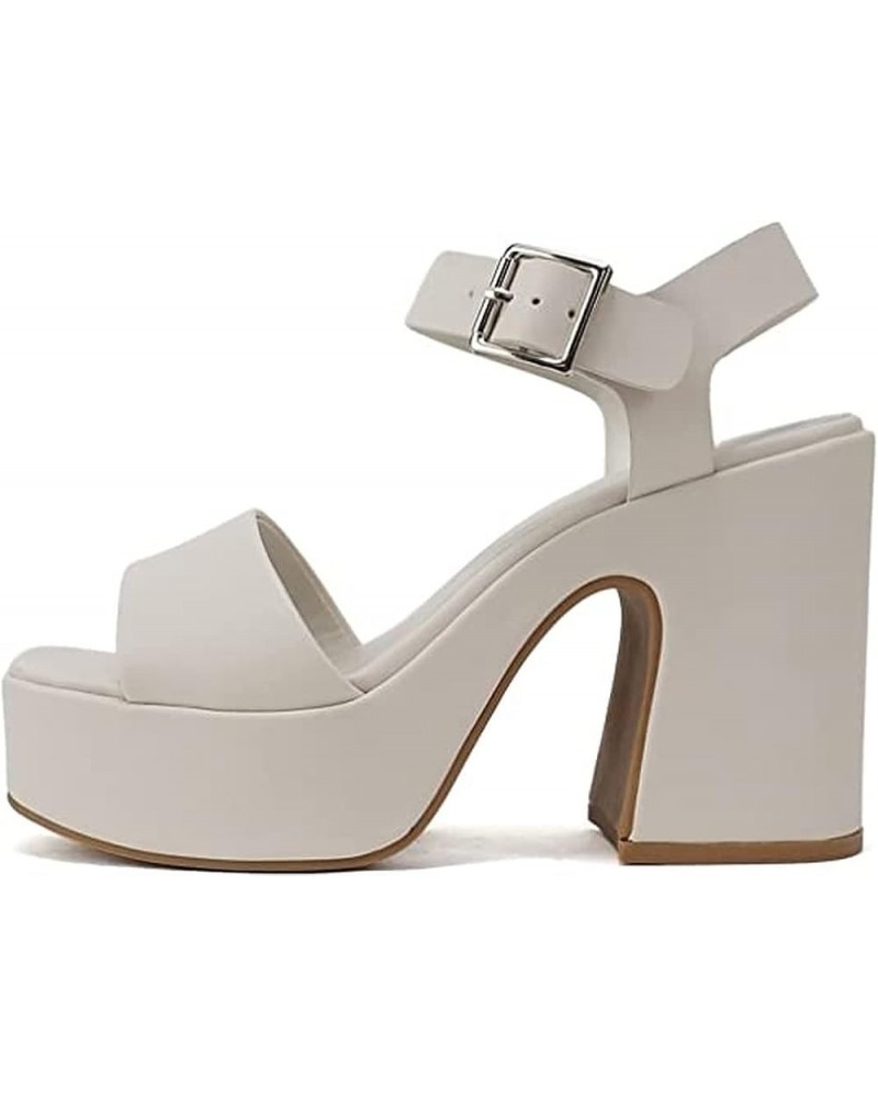 Launch ~ Women Open Toe Ankle Strap Platform Chunky High Heeled Sandal White Pu $26.00 Sandals