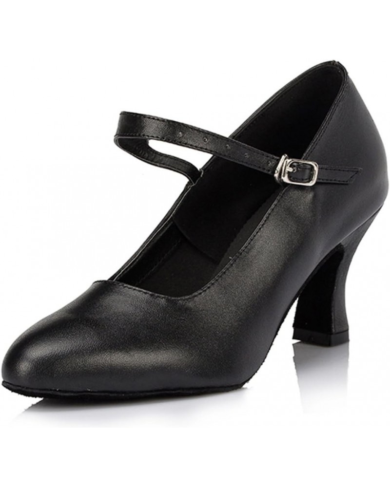 Women's Round Toe Mid Heel Mary Janes Buckle Leather Tango Ballroom Latin Dance Wedding Shoes 7cm Heel Black $29.57 Pumps