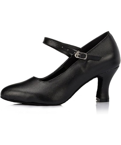 Women's Round Toe Mid Heel Mary Janes Buckle Leather Tango Ballroom Latin Dance Wedding Shoes 7cm Heel Black $29.57 Pumps