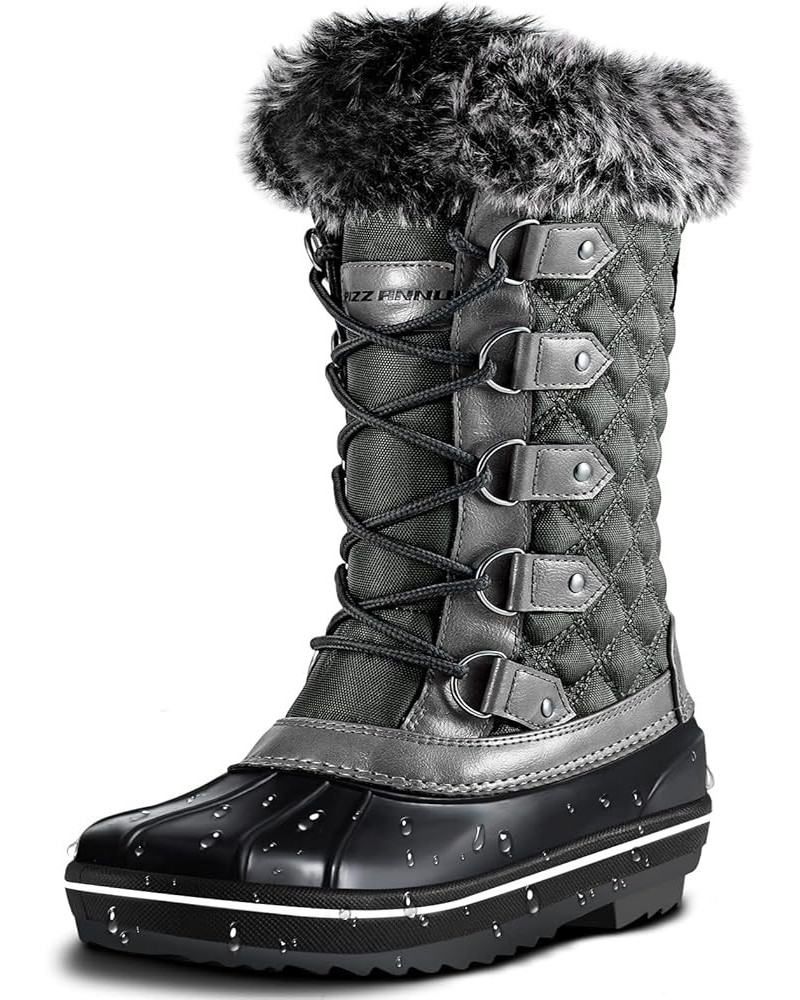 Women's Snow Boots Waterproof Slip Resistant Warm Faux Fur Lined Lace up Mid Calf Winter Duck Boots Cold Weather Shoes Grey-m...