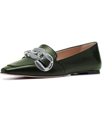 Women Chic Closed Toe Ballet Flats Metal Chain Slip On Pumps Loafers Soft Walking Shoes Dark Green $50.58 Flats