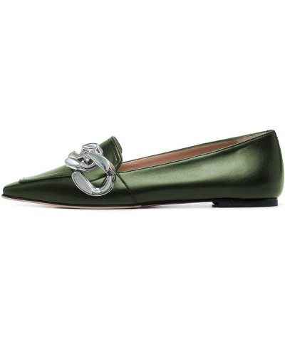 Women Chic Closed Toe Ballet Flats Metal Chain Slip On Pumps Loafers Soft Walking Shoes Dark Green $50.58 Flats