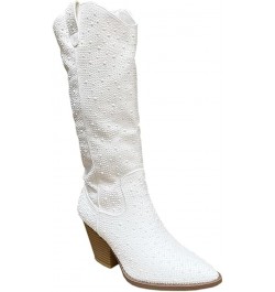 Women Rhinestone Western Cowboy Pointed Toe Knee High Pull-on Boots Ivory Rhinestone $22.07 Boots