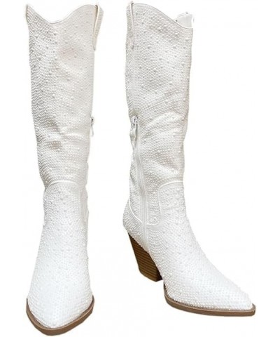 Women Rhinestone Western Cowboy Pointed Toe Knee High Pull-on Boots Ivory Rhinestone $22.07 Boots