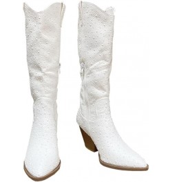 Women Rhinestone Western Cowboy Pointed Toe Knee High Pull-on Boots Ivory Rhinestone $22.07 Boots