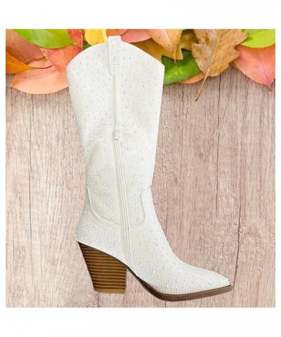 Women Rhinestone Western Cowboy Pointed Toe Knee High Pull-on Boots Ivory Rhinestone $22.07 Boots