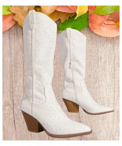 Women Rhinestone Western Cowboy Pointed Toe Knee High Pull-on Boots Ivory Rhinestone $22.07 Boots