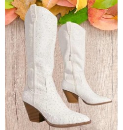 Women Rhinestone Western Cowboy Pointed Toe Knee High Pull-on Boots Ivory Rhinestone $22.07 Boots