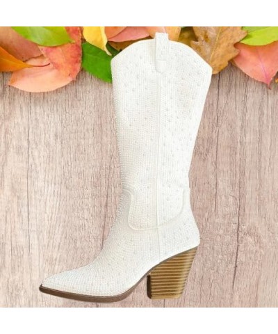 Women Rhinestone Western Cowboy Pointed Toe Knee High Pull-on Boots Ivory Rhinestone $22.07 Boots