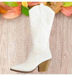 Women Rhinestone Western Cowboy Pointed Toe Knee High Pull-on Boots Ivory Rhinestone $22.07 Boots