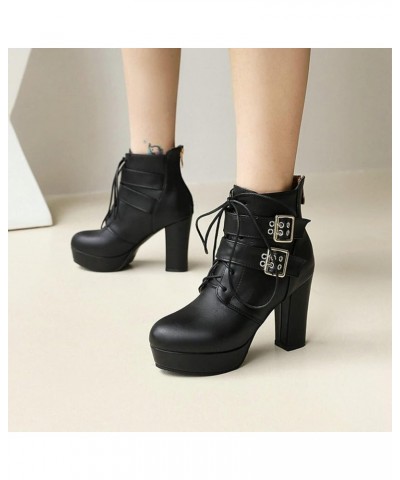 Womens Waterproof Platform Chunky High Heels Ankle Booties Round Toe Lace Up Office Short Boots Back Zipper Bootie Shoes Blac...