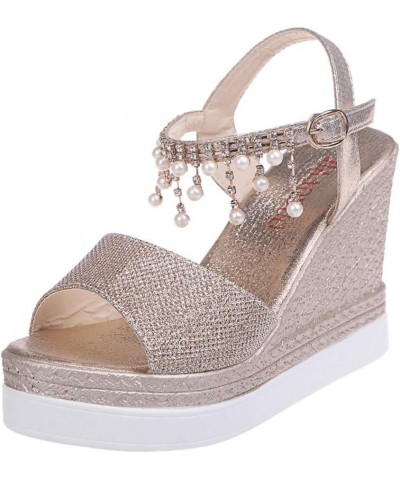 Wedge Sandals For Women, Buckle Ankle Strap Open Toe Pearl Rhinestone Sandals Platform Dressy Casual Wedge Heels Sandals $14....