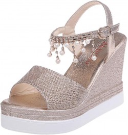 Wedge Sandals For Women, Buckle Ankle Strap Open Toe Pearl Rhinestone Sandals Platform Dressy Casual Wedge Heels Sandals $14....