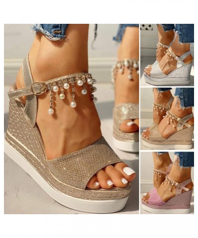 Wedge Sandals For Women, Buckle Ankle Strap Open Toe Pearl Rhinestone Sandals Platform Dressy Casual Wedge Heels Sandals $14....