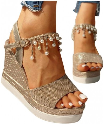 Wedge Sandals For Women, Buckle Ankle Strap Open Toe Pearl Rhinestone Sandals Platform Dressy Casual Wedge Heels Sandals $14....