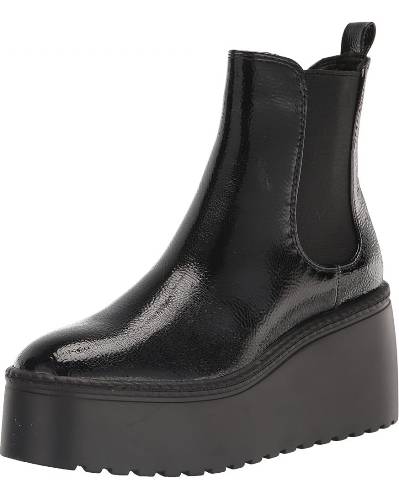 Womens Henrita Chunky Sole Rounded Toe Pull On Chelsea Ankle Boots Black Patent $26.37 Boots