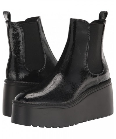 Womens Henrita Chunky Sole Rounded Toe Pull On Chelsea Ankle Boots Black Patent $26.37 Boots