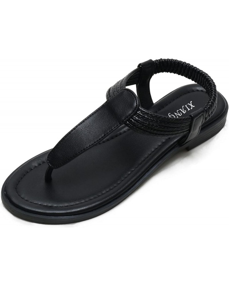 Womens T-Strap Flat Sandals with Elastic Strap Comfort Summer Cap Toe Flip Flops Non Slip Flats for Beach Party Black $28.79 ...