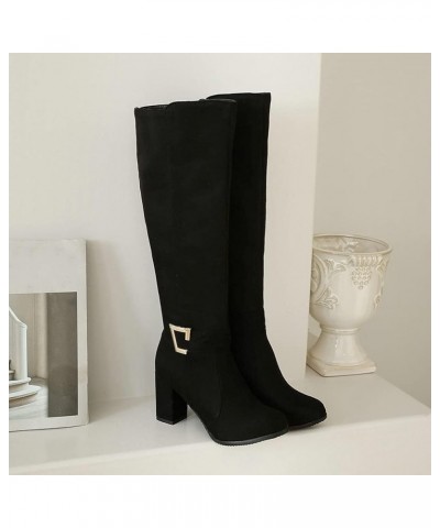 Women Chunky Heel Knee High Boots Round Toe Knee Length High Heel Boots with Zip 1 Black $27.99 Boots