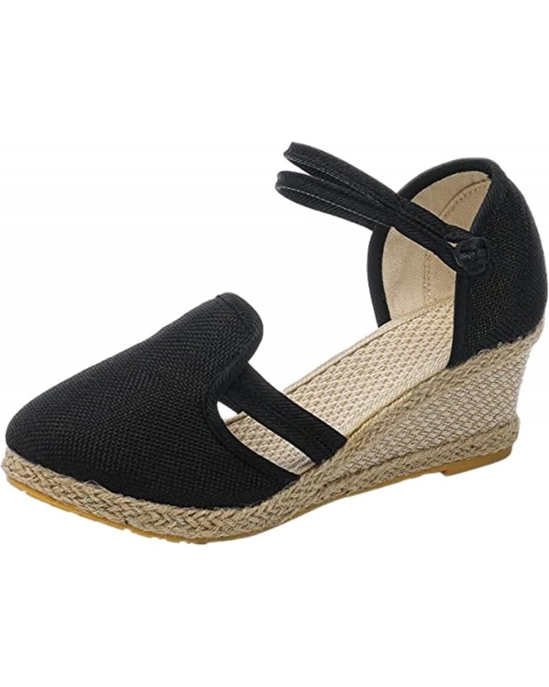 Sandals for Women Dressy Summer Comfy Espadrilles Wedge Platform Sandal Closed Toe Braided Buckle Linen Sandals Black $19.33 ...