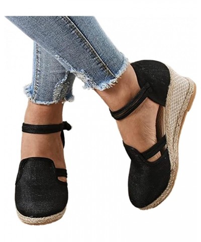 Sandals for Women Dressy Summer Comfy Espadrilles Wedge Platform Sandal Closed Toe Braided Buckle Linen Sandals Black $19.33 ...