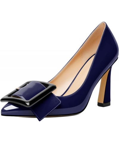 Womens High Stilettos Heels Pointed Toe Pumps Slip-on Closed Toe Big Buckle 3.5 Inch Flare Heel Dress Shoes Patent Navy $35.0...