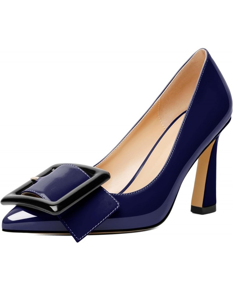 Womens High Stilettos Heels Pointed Toe Pumps Slip-on Closed Toe Big Buckle 3.5 Inch Flare Heel Dress Shoes Patent Navy $35.0...