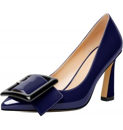 Womens High Stilettos Heels Pointed Toe Pumps Slip-on Closed Toe Big Buckle 3.5 Inch Flare Heel Dress Shoes Patent Navy $35.0...