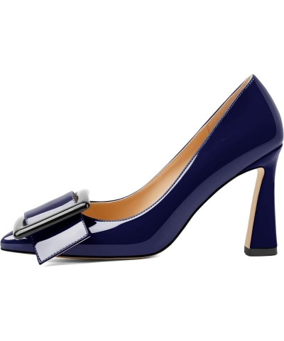 Womens High Stilettos Heels Pointed Toe Pumps Slip-on Closed Toe Big Buckle 3.5 Inch Flare Heel Dress Shoes Patent Navy $35.0...