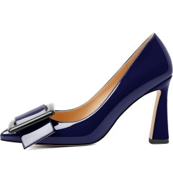 Womens High Stilettos Heels Pointed Toe Pumps Slip-on Closed Toe Big Buckle 3.5 Inch Flare Heel Dress Shoes Patent Navy $35.0...