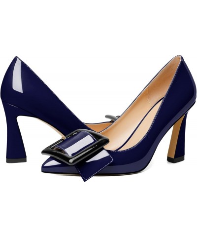 Womens High Stilettos Heels Pointed Toe Pumps Slip-on Closed Toe Big Buckle 3.5 Inch Flare Heel Dress Shoes Patent Navy $35.0...