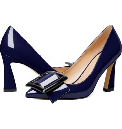 Womens High Stilettos Heels Pointed Toe Pumps Slip-on Closed Toe Big Buckle 3.5 Inch Flare Heel Dress Shoes Patent Navy $35.0...