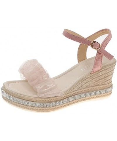 Stable walking wedge sandals for women with lace buckles Pink $17.59 Pumps