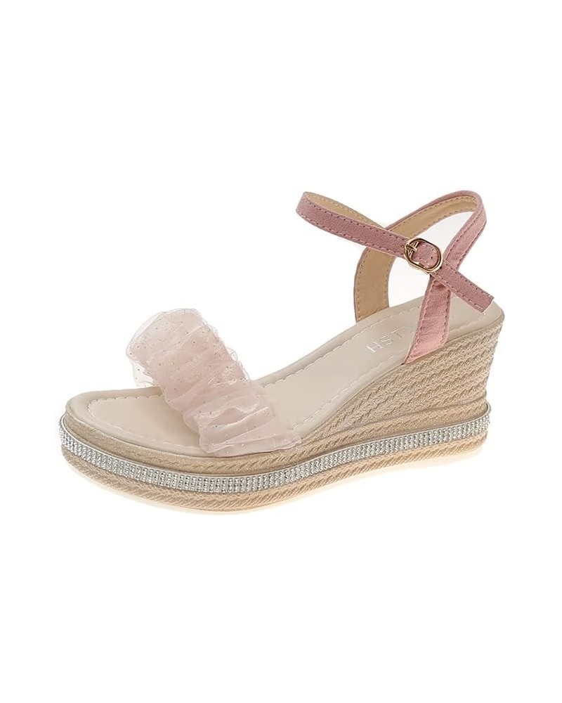 Stable walking wedge sandals for women with lace buckles Pink $17.59 Pumps