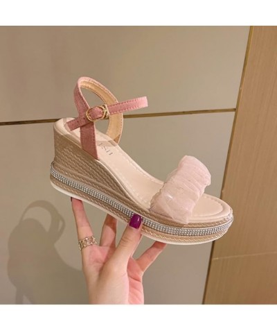 Stable walking wedge sandals for women with lace buckles Pink $17.59 Pumps