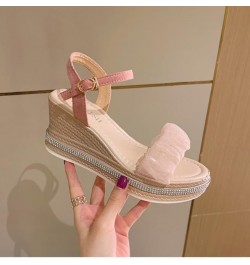 Stable walking wedge sandals for women with lace buckles Pink $17.59 Pumps