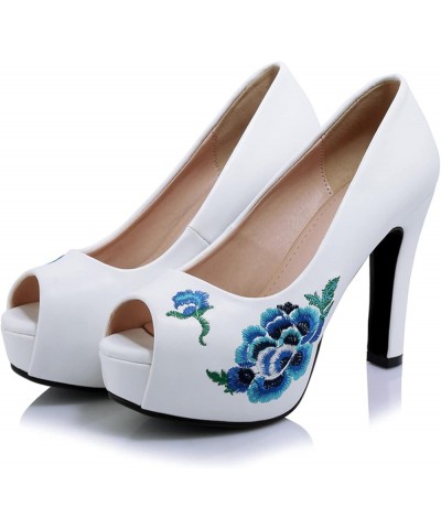 Women Cone Heel Pumps Peep Toe Elegant Pumps Slip On High Heel Dress Pumps with Platform Embroidered, Size 2-9.5 White $23.63...