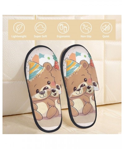 Furry Slippers For Women Men Cute Happy Birthday Bear Print Scuff Slippers Winter Plush Cute Slippers Cozy Indoor Slide $13.4...