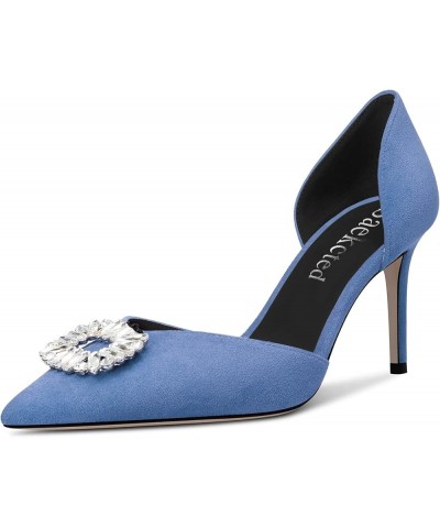 Women High Heel Pointed Toe Pumps Two-Piece Slip-on Rhinestone Crystal Casual Dress 3.2 Inches Heels Denim Blue $35.04 Pumps