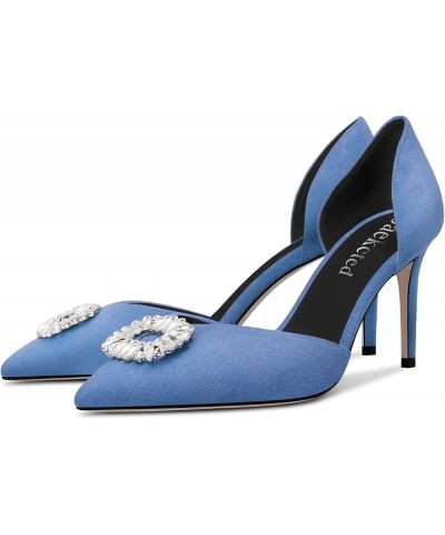 Women High Heel Pointed Toe Pumps Two-Piece Slip-on Rhinestone Crystal Casual Dress 3.2 Inches Heels Denim Blue $35.04 Pumps