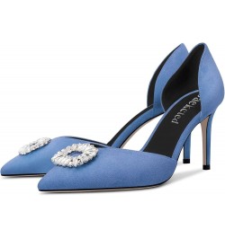 Women High Heel Pointed Toe Pumps Two-Piece Slip-on Rhinestone Crystal Casual Dress 3.2 Inches Heels Denim Blue $35.04 Pumps