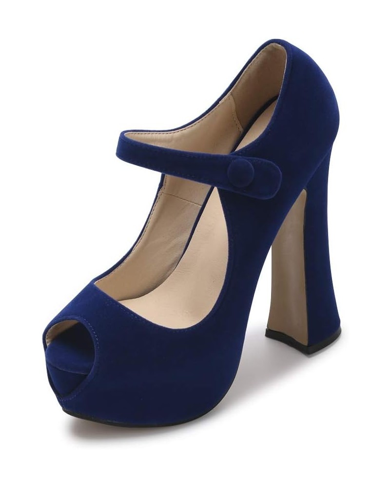 Women's Peep Toe Platform High Heels Ankle Strap Pumps Chunky Heels for Party Daily Wear Blue-velvet $28.19 Sandals