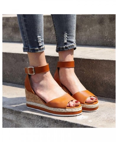 Sandalias tacón mujer Vintage Casual cuña boca pescado zapatos verano una línea hebilla sandalia vacaciones zapato K-085 Brow...