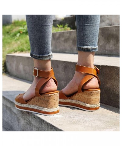 Sandalias tacón mujer Vintage Casual cuña boca pescado zapatos verano una línea hebilla sandalia vacaciones zapato K-085 Brow...