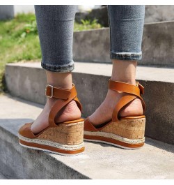 Sandalias tacón mujer Vintage Casual cuña boca pescado zapatos verano una línea hebilla sandalia vacaciones zapato K-085 Brow...