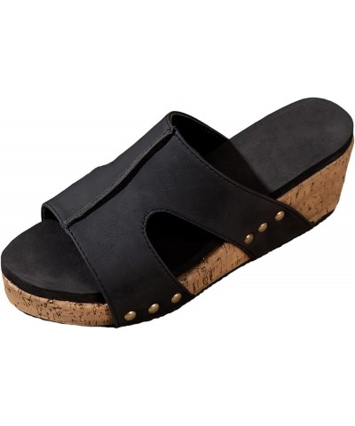 Womens Sandals Wedge Womens Summer Open Toe Platform Sandals Casual Comfortable Beach Sandals Retro Slip on Slippers Black $1...