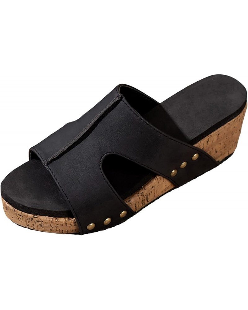 Womens Sandals Wedge Womens Summer Open Toe Platform Sandals Casual Comfortable Beach Sandals Retro Slip on Slippers Black $1...