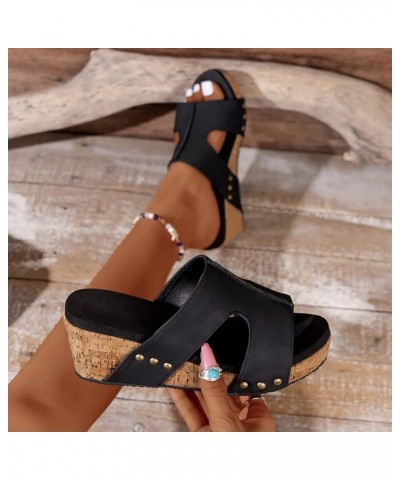 Womens Sandals Wedge Womens Summer Open Toe Platform Sandals Casual Comfortable Beach Sandals Retro Slip on Slippers Black $1...