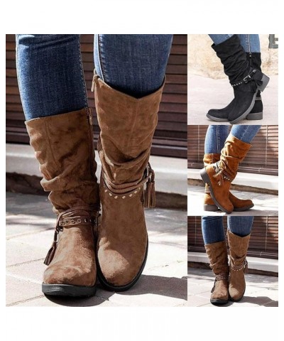 Women's Mid Calf Slouchy Boots Wide Calf Riding Boot Suede High Heel Stacked Chunky Heeled Block Round Toe Booties Womens Met...