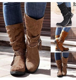 Women's Mid Calf Slouchy Boots Wide Calf Riding Boot Suede High Heel Stacked Chunky Heeled Block Round Toe Booties Womens Met...